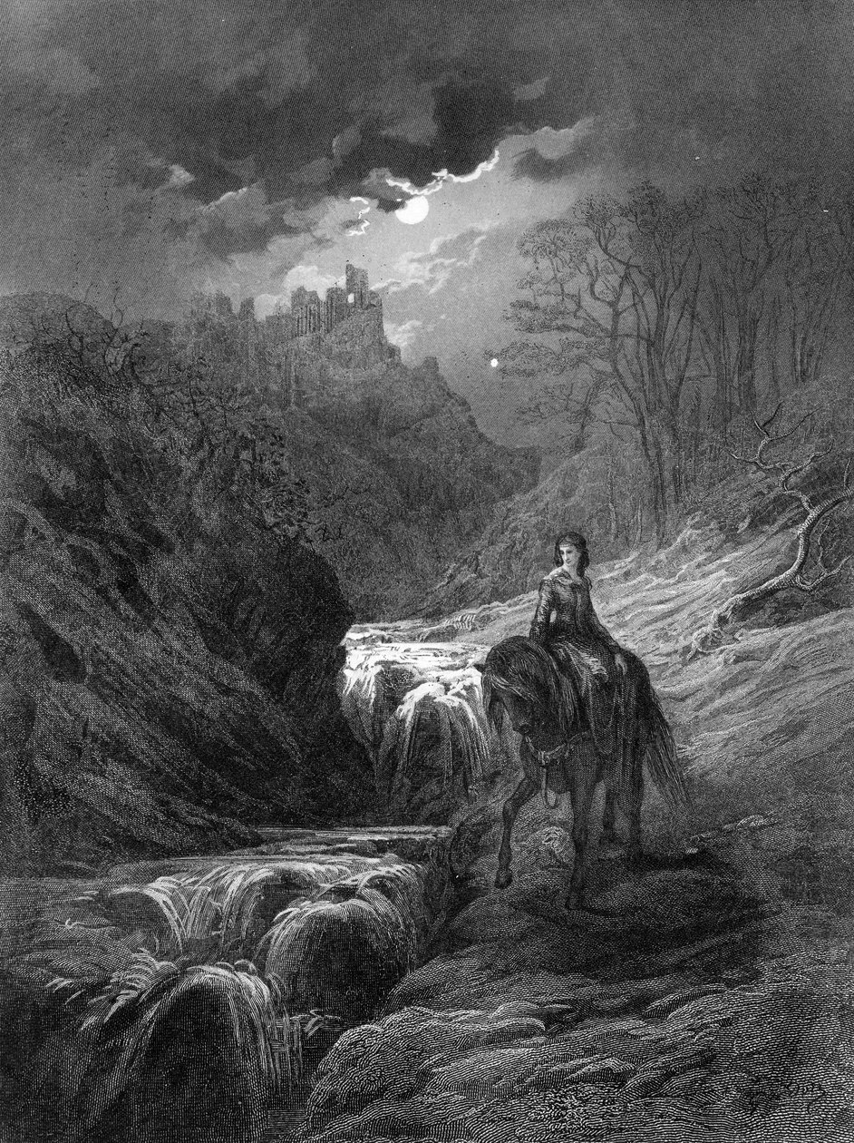 The Moonlight Ride, ilustracja z „Idylls of the King” Alfreda Tennysona, 1868 autorstwa Gustave Dore