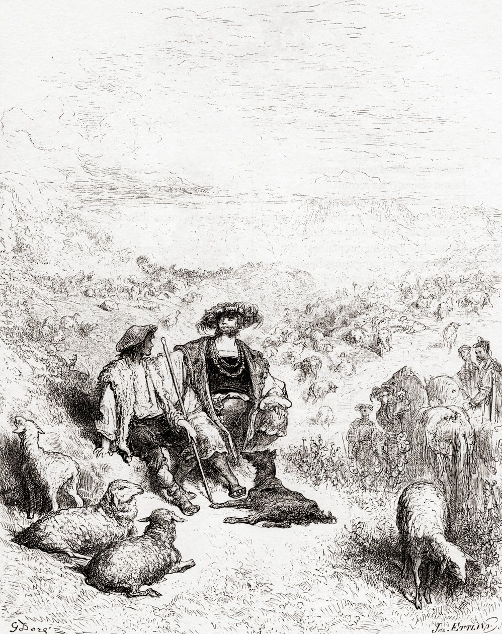 Pasterz i król z XIX-wiecznego wydania Fables de La Fontaine (drewno) autorstwa Gustave Dore