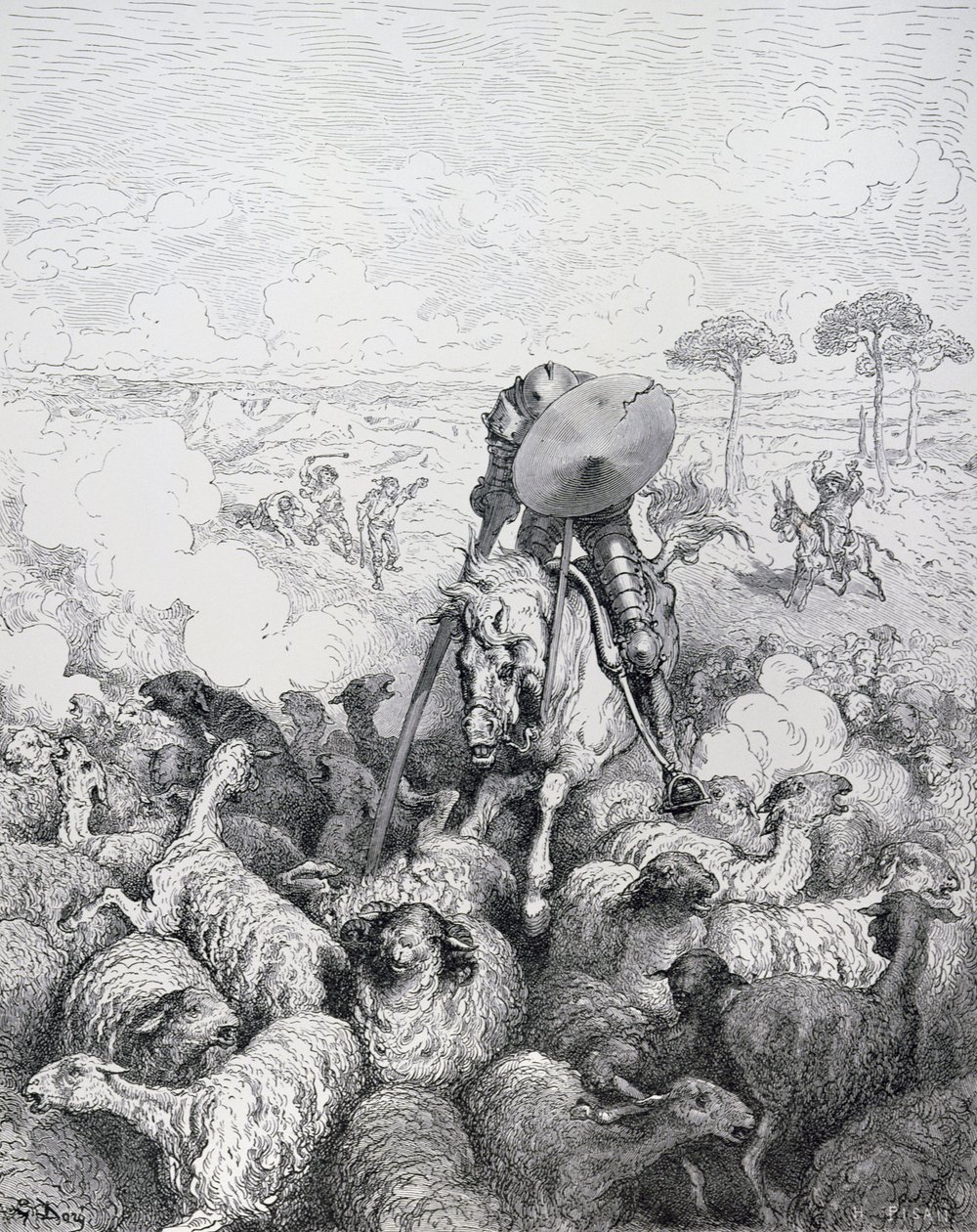 Dzielna Szarża z „Don Kichota z Manchy” Miguela Cervantesa (1547-1616) rytowana przez Heliodora Josepha Pisana (1822-90) c.1868 autorstwa Gustave Dore