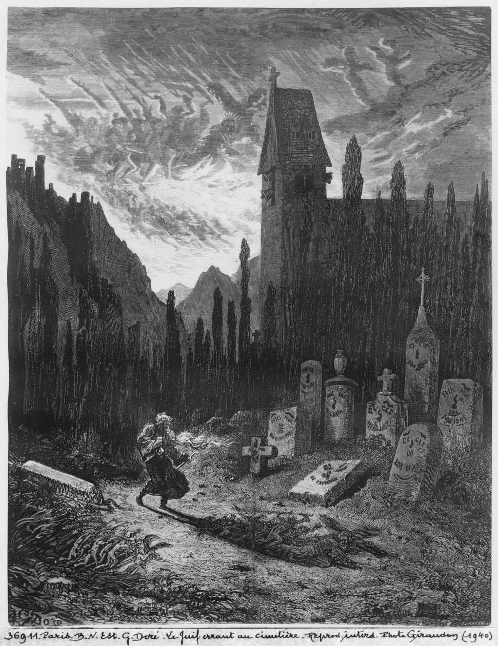 Żyd wędrujący na cmentarzu, ryty Octave Jahyer (ur. 1826) autorstwa Gustave Dore