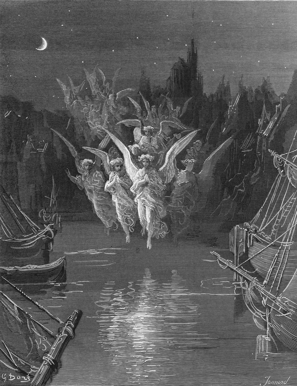 Anielskie duchy opuszczają martwe ciała i pojawiają się we własnych formach światła, scena z „Szronu starożytnego marynarza” S.T. Coleridge, wydana przez Harper und Brothers, Nowy Jork, 1876 (drewno e autorstwa Gustave Dore