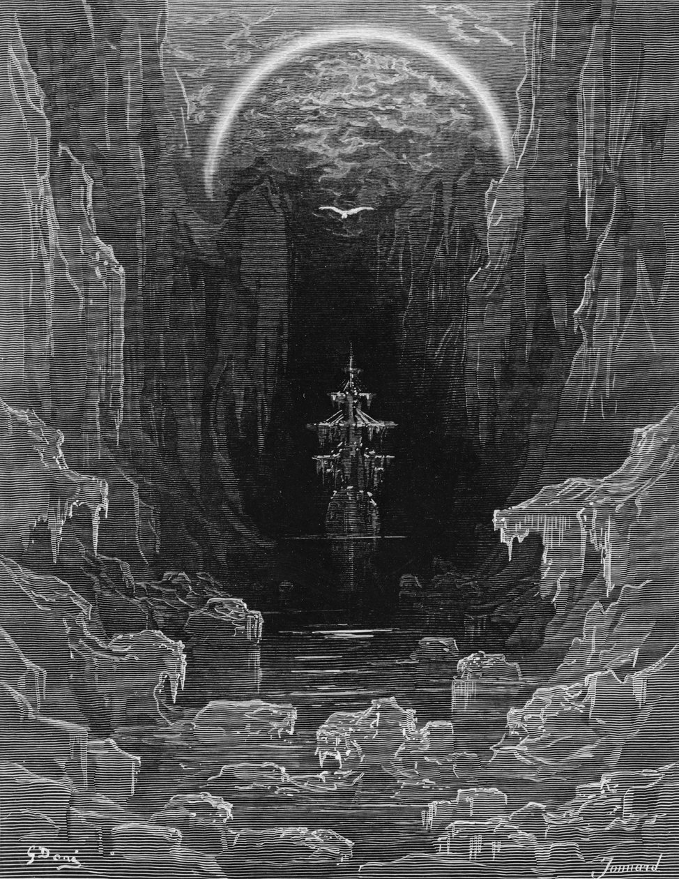 Pojawienie się albatrosa, który wyprowadzi uwięziony statek z zamarzniętych mórz Antarktyki, scena z „Szronu starożytnego marynarza” S.T. Coleridge, przez S.T. Coleridge, wyd. Harper und autorstwa Gustave Dore