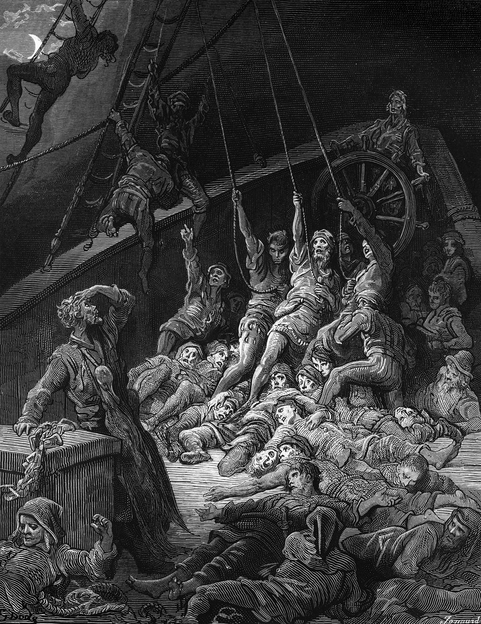 Martwi marynarze wstają i zaczynają pracować na linach statku, aby zaczął się poruszać, scena z „Szronu starożytnego marynarza” S.T. Coleridge, wyd. Harper und Brothers, Nowy Jork, 18 autorstwa Gustave Dore