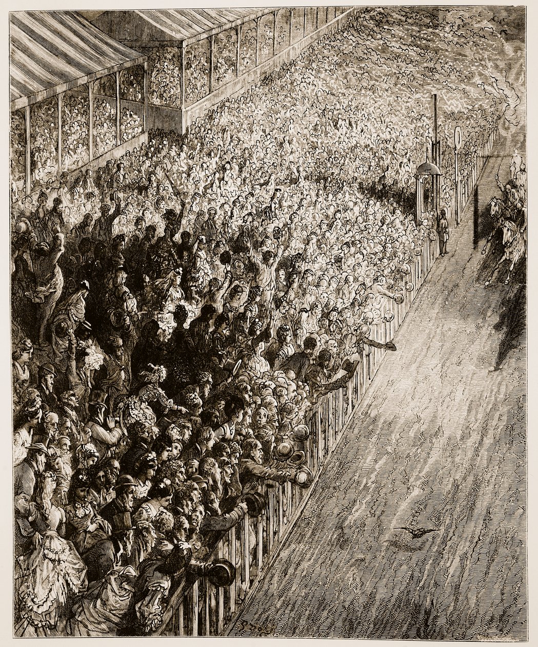 Linia mety Derby z „Londyn, pielgrzymka”, napisana przez Williama Blancharda Jerrolda (1826-94) i rytowana przez Pannemakera, wyd. 1872 autorstwa Gustave Dore