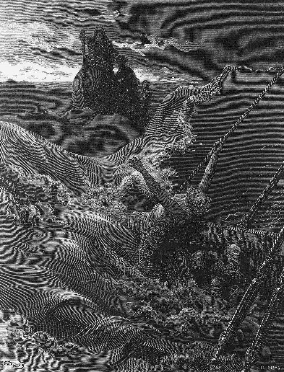 Marynarz, gdy jego statek tonie, widzi łódź z pustelnikiem i pilotem, scena z „Szronu starożytnego marynarza” S.T. Coleridge, wydana przez Harper und Brothers, Nowy Jork, 1876 (drewno gra autorstwa Gustave Dore