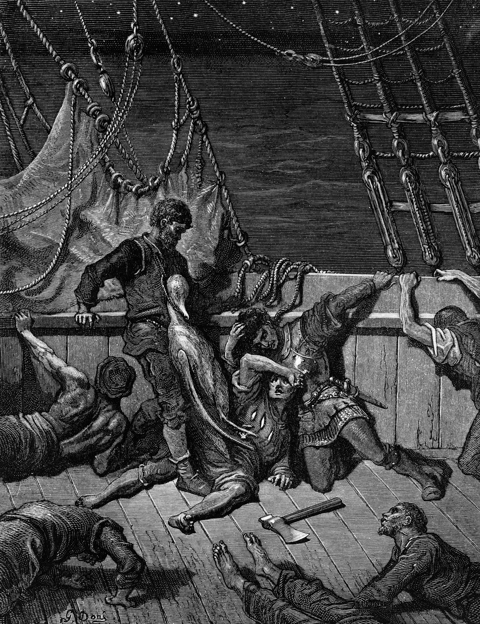 Marynarze przeklinają Marynarza, zmuszonego do noszenia na szyi martwego albatrosa, scena z „Szronu starożytnego marynarza” S.T. Coleridge, wydana przez Harper und Sons, Nowy Jork, 1876 (drewno gra autorstwa Gustave Dore