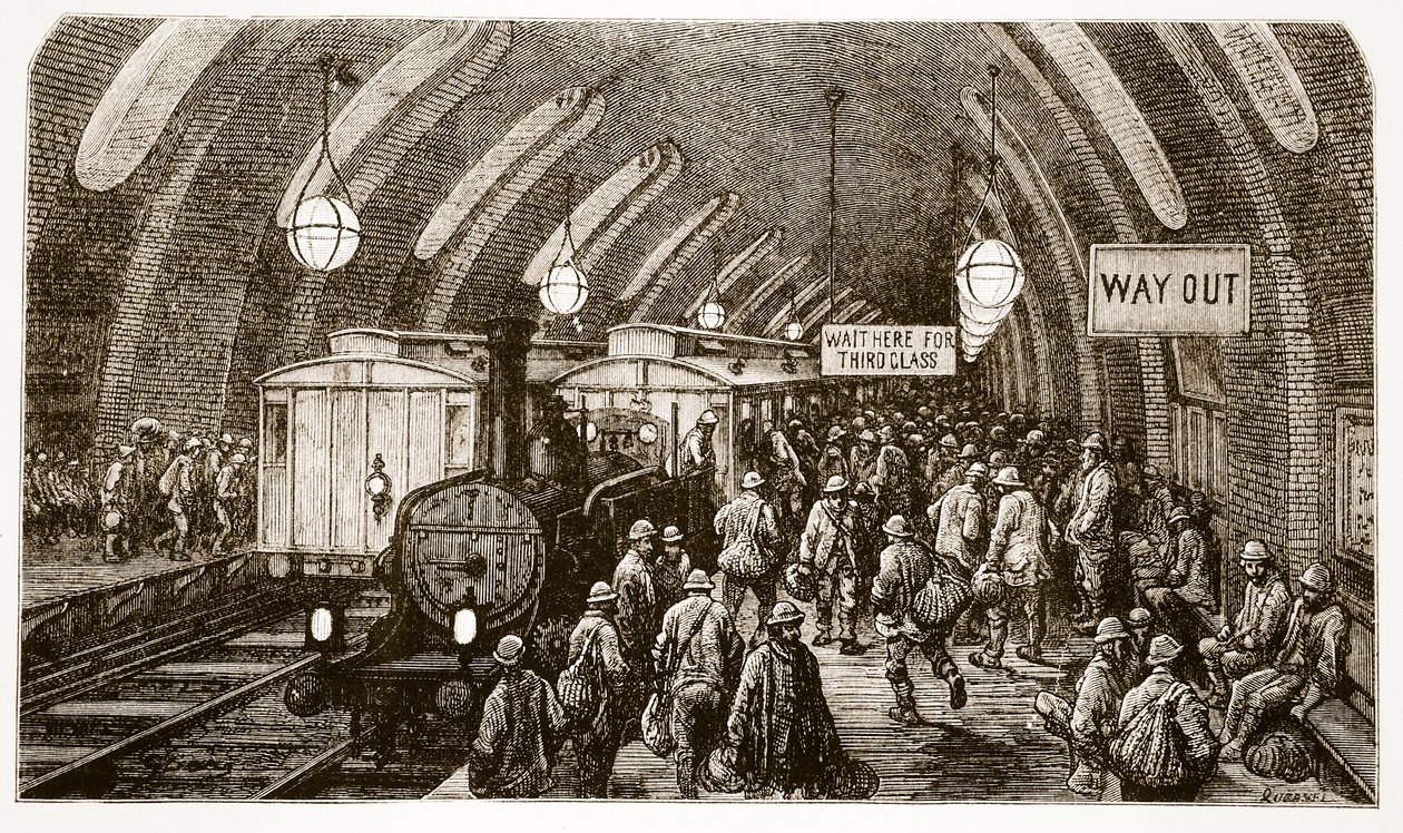 Pociąg robotniczy z „Londynu, pielgrzymka”, napisany przez Williama Blancharda Jerrolda (1826-94) i wyryty przez Quesnel, wyd. 1872 autorstwa Gustave Dore