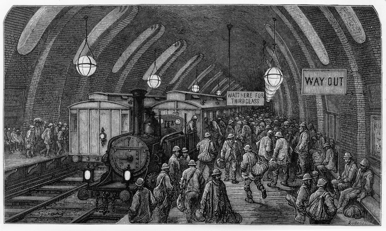 Pociąg robotniczy z „Londynu, pielgrzymka”, napisany przez Williama Blancharda Jerrolda (1826-94) i wyryty przez Quesnel, wyd. 1872 autorstwa Gustave Dore