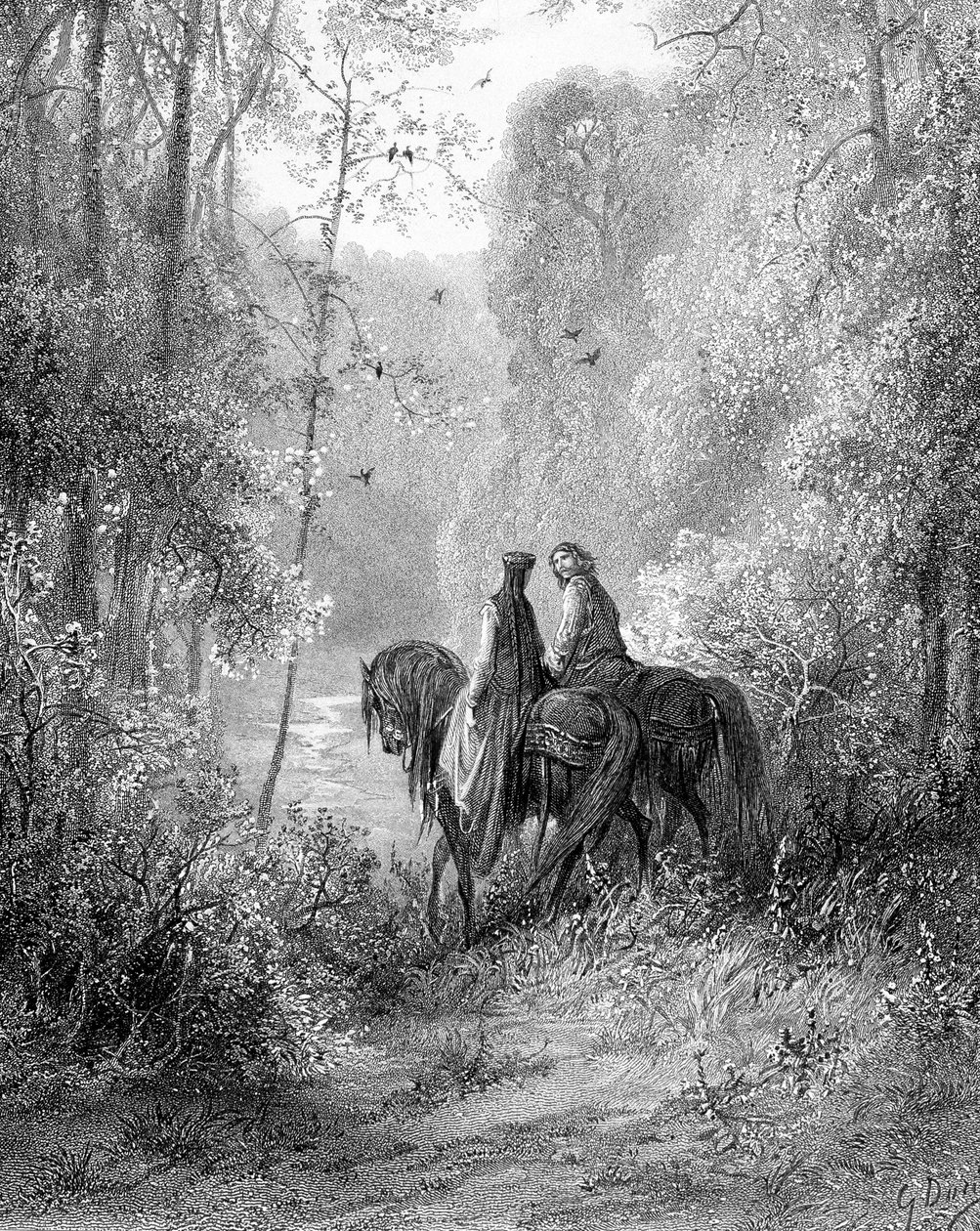 Zastanawiali się w lesie, który wydawał się rajem kwiatów autorstwa Gustave Dore