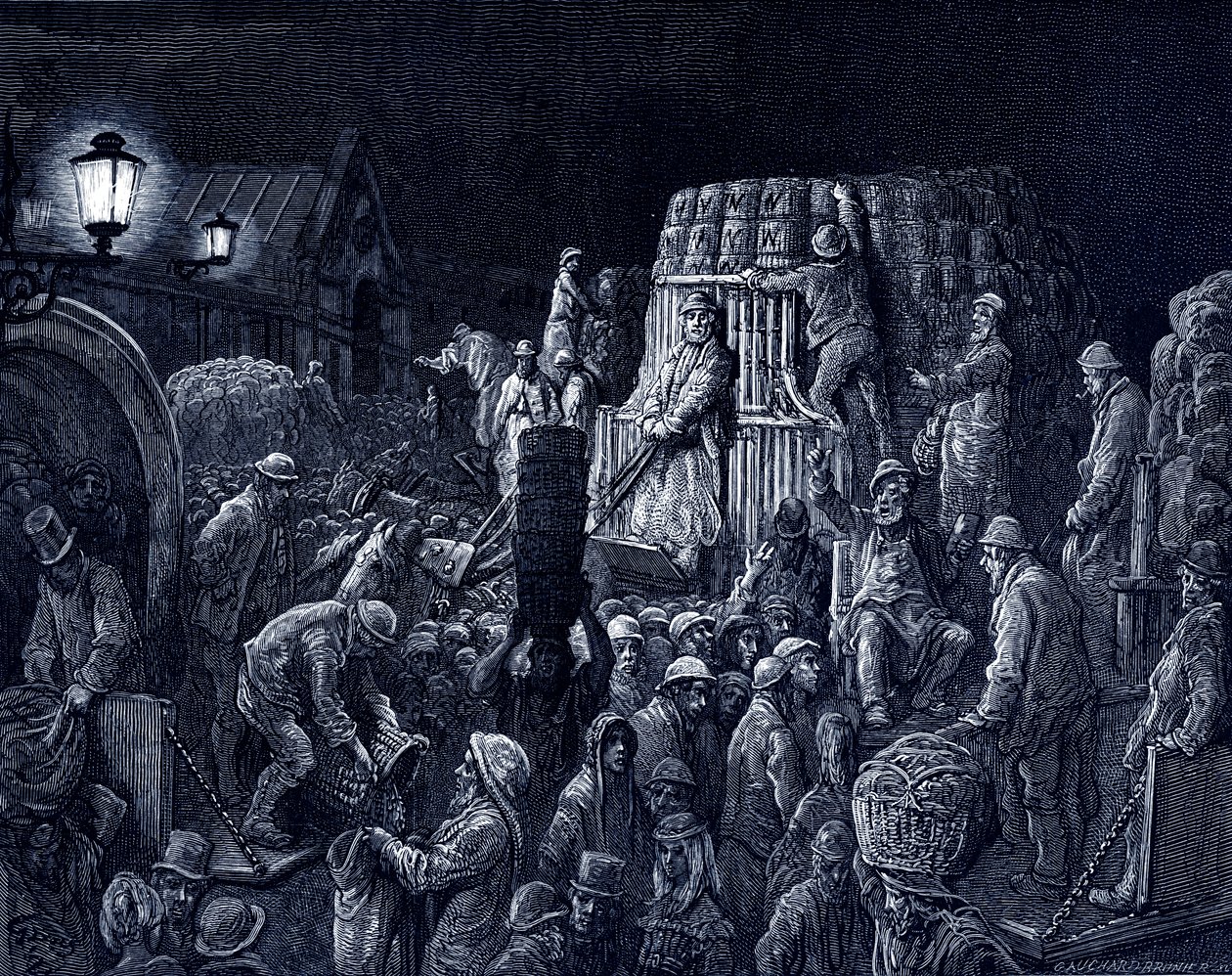 Wiktoriański Londyn – targ w Covent Garden autorstwa Gustave Dore