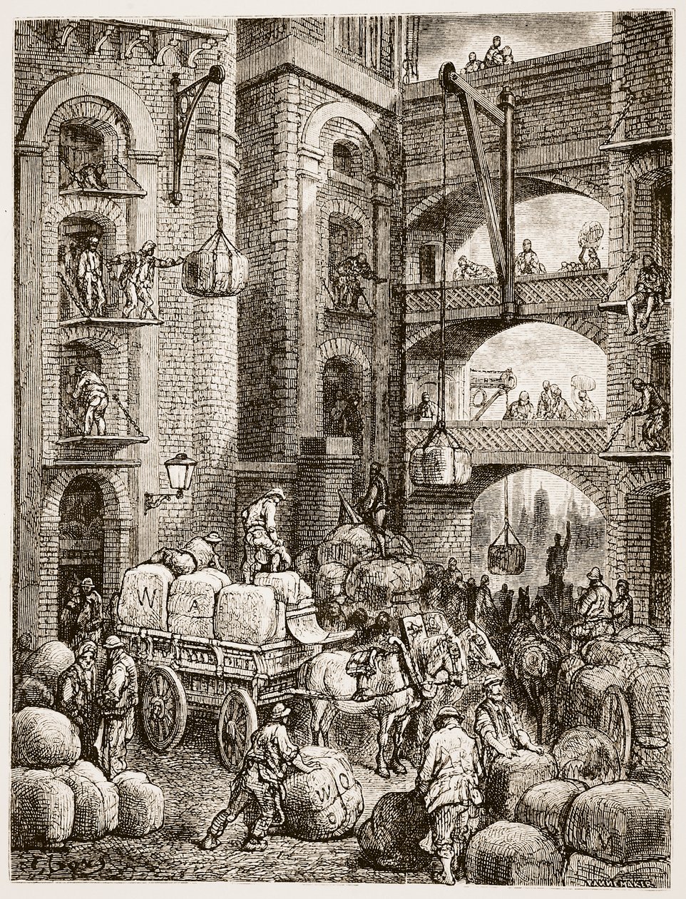 Robotnicy zajęci swoimi sprawami w magazynie, z „Londyn, pielgrzymka”, napisany przez Williama Blancharda Jerrolda (1826-94) i wygrawerowany przez Pannemakera, wyd. 1872 autorstwa Gustave Dore