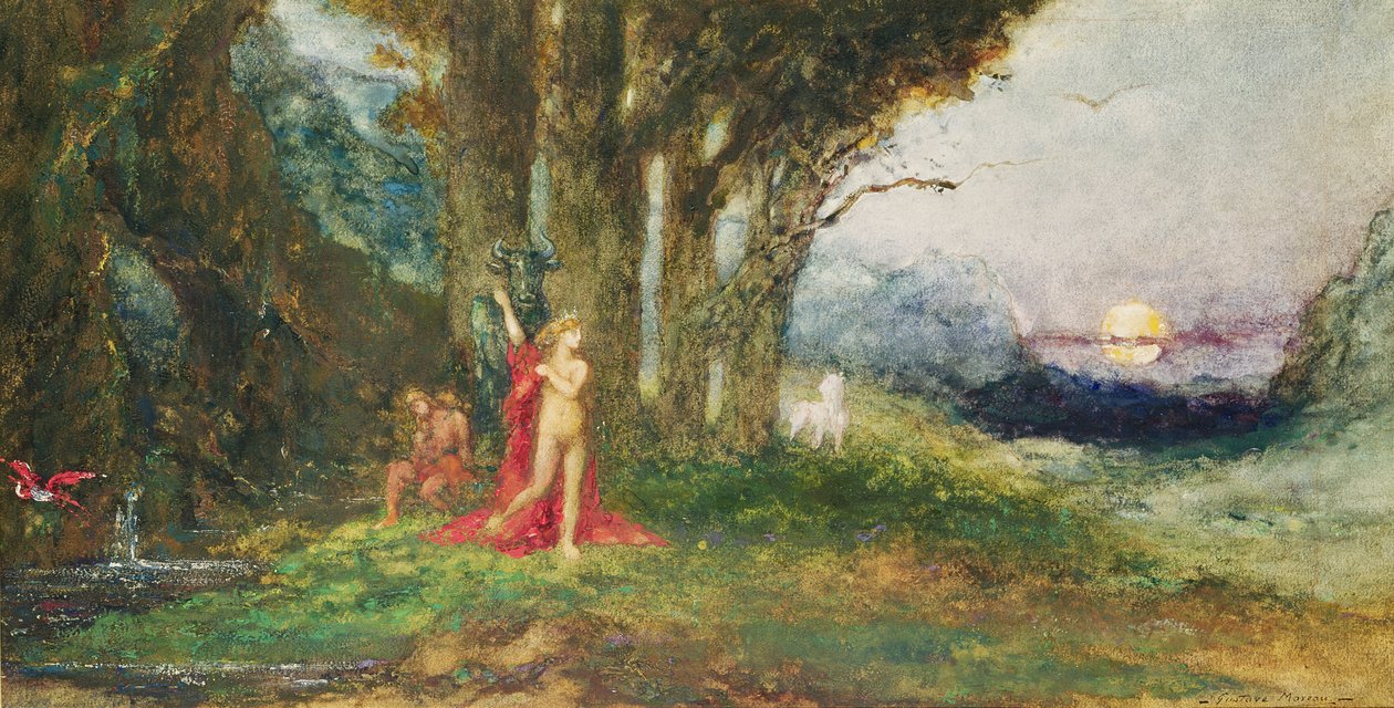 Pasiphae and the Bull, c.1876-80 (wc und gouache on the paper)poli autorstwa Gustave Moreau