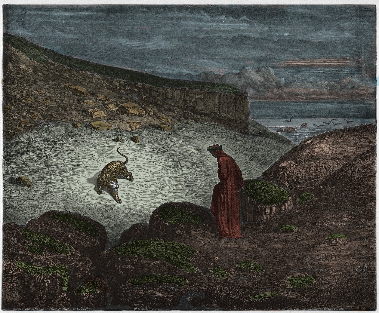 Piekło, Pieśń 1 : Pantera na początku wznoszenia, ilustracja z Boskiej komedii Dantego Alighieri, 1885 (cyfrowo kolorowana grawerunek) autorstwa Gustave after Dore