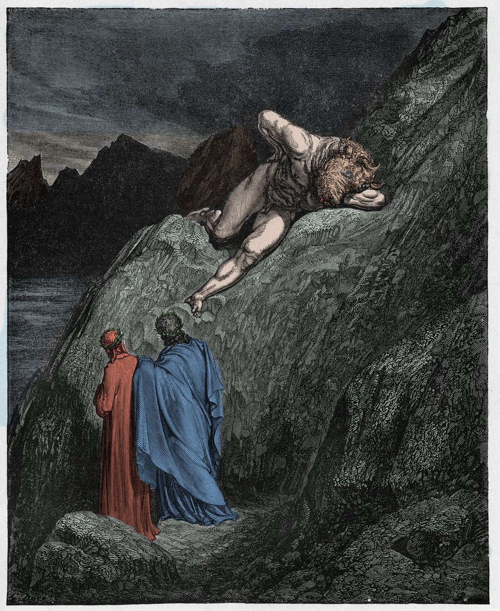 Inferno, Canto 12 : Minotaur (Minotaure) na roztrzaskanym urwisku, ilustracja z Boskiej Komedii Dantego Alighieri, 1885 (rycina kolorowana cyfrowo) autorstwa Gustave after Dore