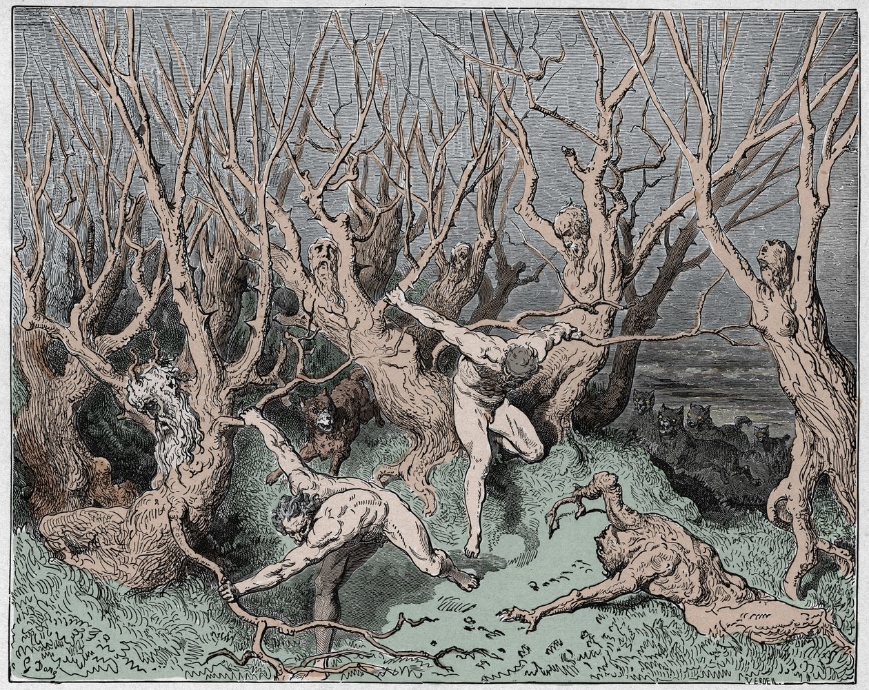 Inferno, Canto 13: Samobójcy uciekają z lasu, ilustracja z Boskiej komedii autorstwa Dante Alighieri, 1885 (cyfrowo kolorowy grawerunek) autorstwa Gustave after Dore