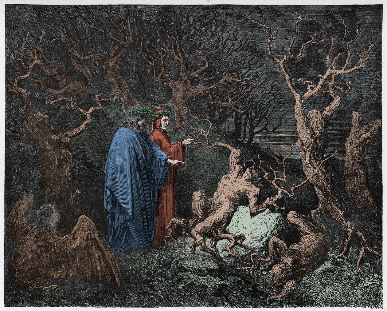 Inferno, Canto 13 : Samobójcy w lesie, ilustracja z Boskiej Komedii Dantego Alighieri, 1885 (rycina kolorowana cyfrowo) autorstwa Gustave after Dore