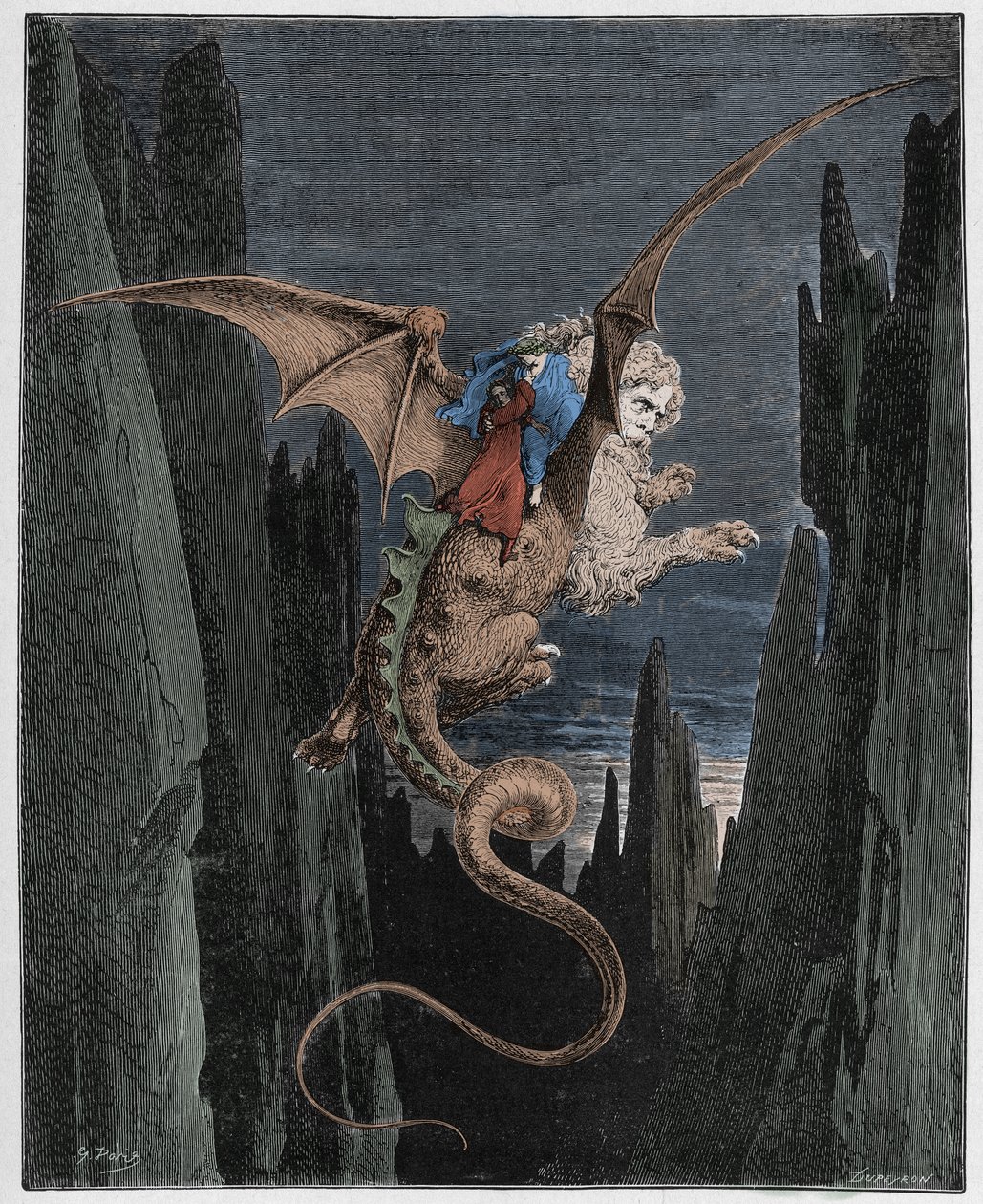 Inferno, Canto 17 : Zejście w otchłań na plecach Geryona, ilustracja z Boskiej komedii autorstwa Dante Alighieri, 1885 (cyfrowo kolorowane grawerowanie) autorstwa Gustave after Dore