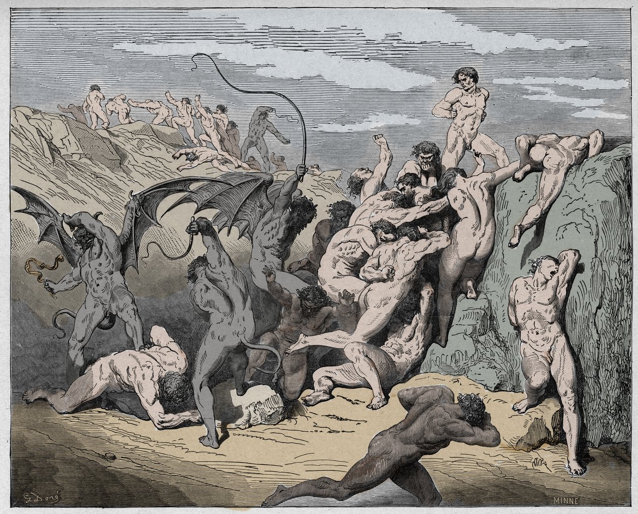 Inferno, Canto 18: Diabły i uwodziciele, ilustracja z Boskiej komedii autorstwa Dante Alighieri, 1885 (cyfrowo kolorowane grawerowanie) autorstwa Gustave after Dore