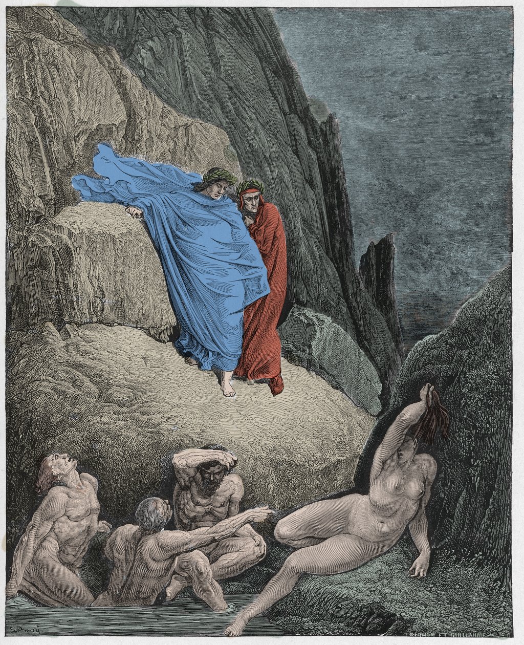 Piekło, Pieśń 18: Wergiliusz pokazuje Dantemu cień Thais, ilustracja z Boskiej komedii Dantego Alighieri, 1885 (cyfrowo kolorowy grawerunek) autorstwa Gustave after Dore