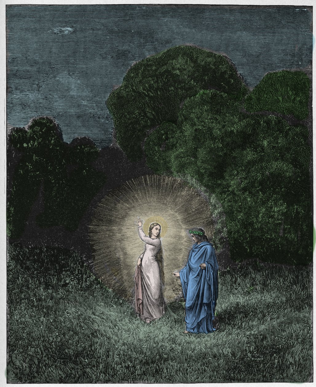 Inferno, Canto 2: Beatrycze i Wergiliusz, ilustracja z Boskiej Komedii Dantego Alighieri, 1885 (grafika kolorowana cyfrowo) autorstwa Gustave after Dore