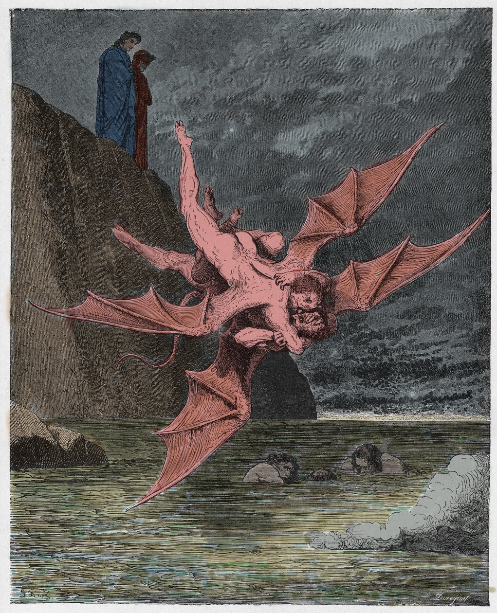 Inferno, Canto 22: Alichino i Calcabrina zmagają się nad boiskiem, ilustracja z Boskiej komedii autorstwa Dante Alighieri, 1885 (cyfrowo kolorowy grawerunek) autorstwa Gustave after Dore