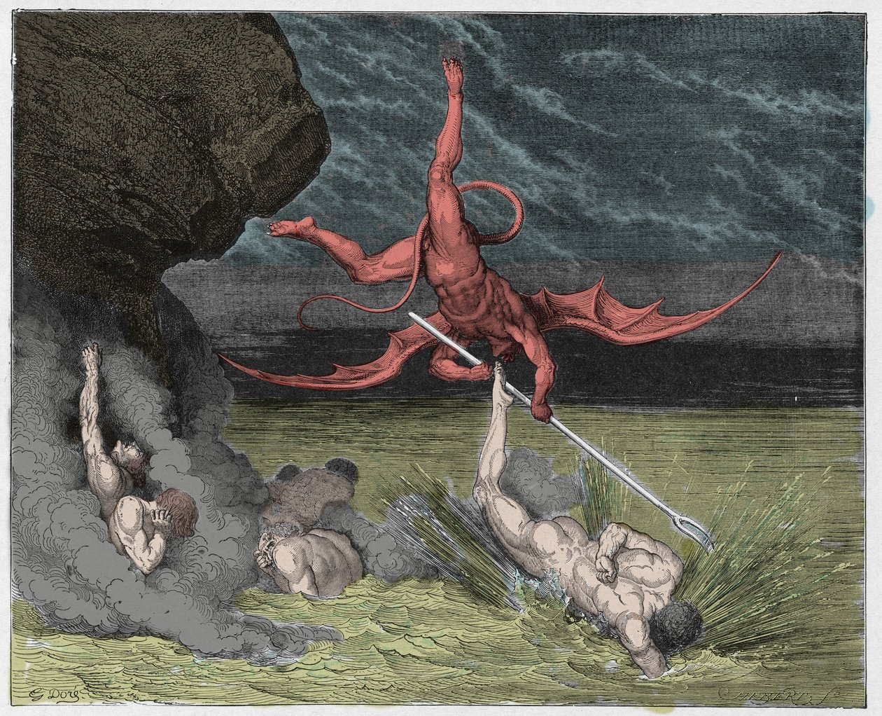 Inferno, Canto 22: Ciampolo ucieka przed demonem Alichino w piątej Bolgii, ilustracja z Boskiej komedii autorstwa Dante Alighieri, 1885 (cyfrowo kolorowy grawerunek) autorstwa Gustave after Dore