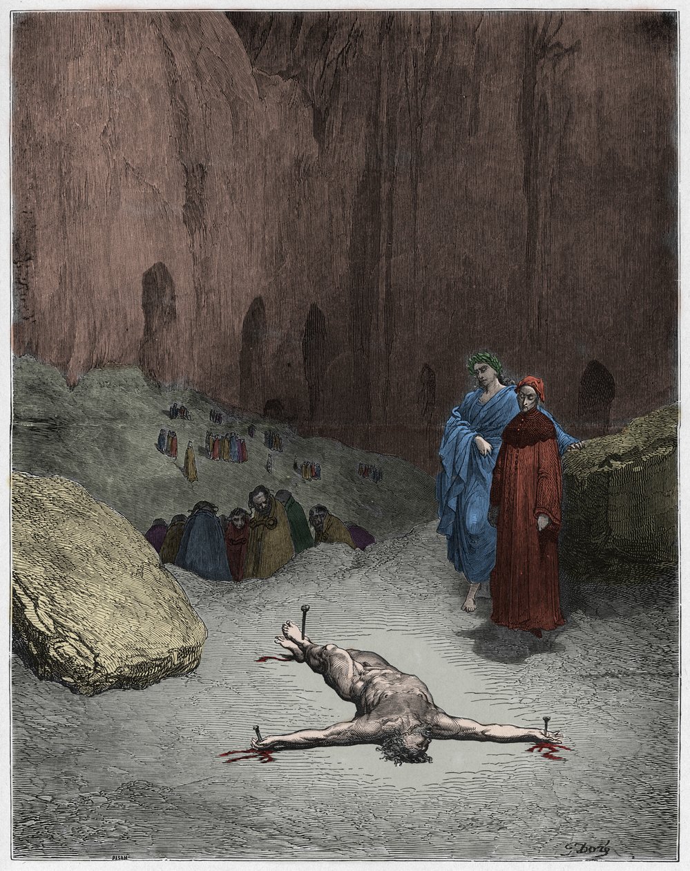 Inferno, Canto 23: Ukrzyżowany faryzeusz wśród hipokrytów, ilustracja z Boskiej komedii autorstwa Dante Alighieri, 1885 (cyfrowo kolorowane grawerowanie) autorstwa Gustave after Dore