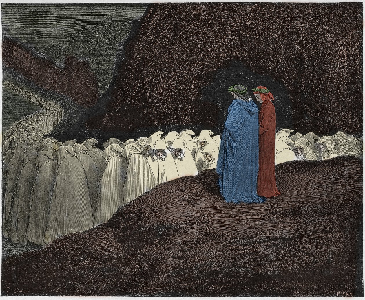 Inferno, Canto 23: Hipokryci zwracają się do Dantego, ilustracja z Boskiej komedii autorstwa Dantego Alighieri, 1885 (cyfrowo kolorowy grawerunek) autorstwa Gustave after Dore