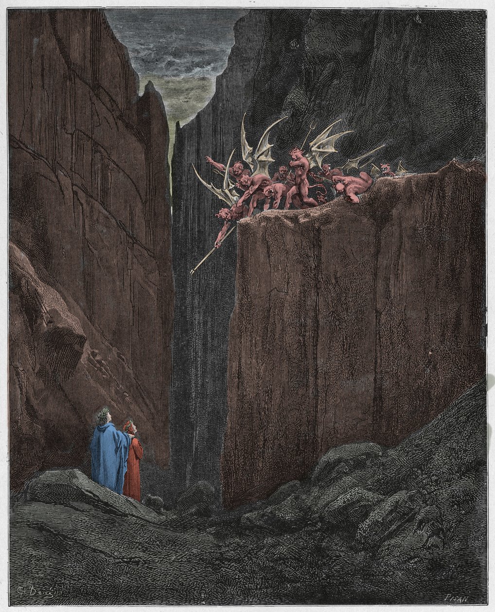 Inferno, Canto 23: Poeci uciekają przed demonami piątej bolgii, ilustracja z Boskiej komedii autorstwa Dante Alighieri, 1885 (cyfrowo kolorowane grawerowanie) autorstwa Gustave after Dore