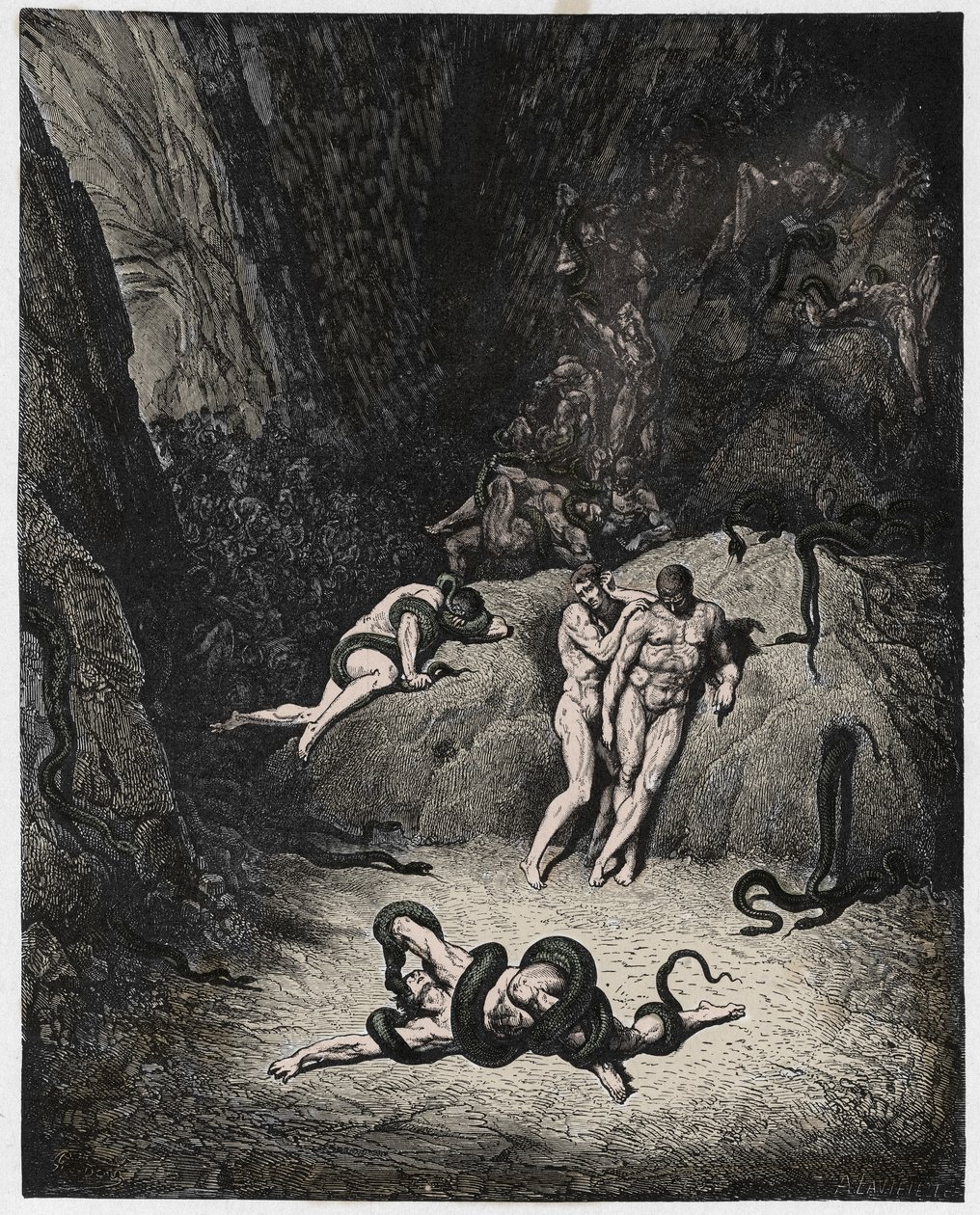 Inferno, Canto 25: Agnello przemieniający się w węża, ilustracja z Boskiej Komedii Dantego Alighieri, 1885 (grafika kolorowana cyfrowo) autorstwa Gustave after Dore
