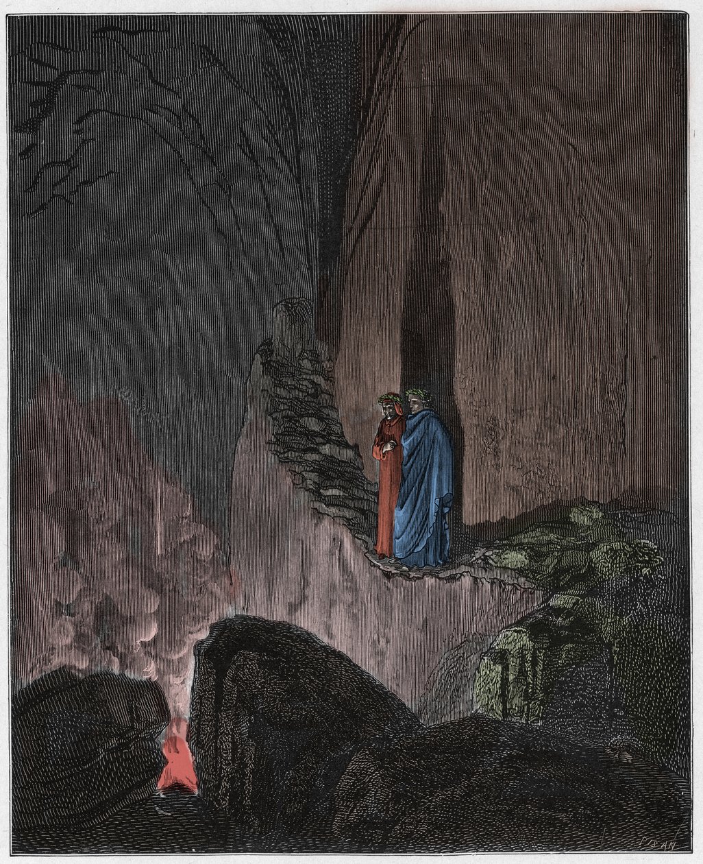 Inferno, Canto 26 : Płonące duchy Odyseusza i Diomedesa (Diomede), ilustracja z Boskiej Komedii Dantego Alighieri, 1885 (rycina kolorowana cyfrowo) autorstwa Gustave after Dore