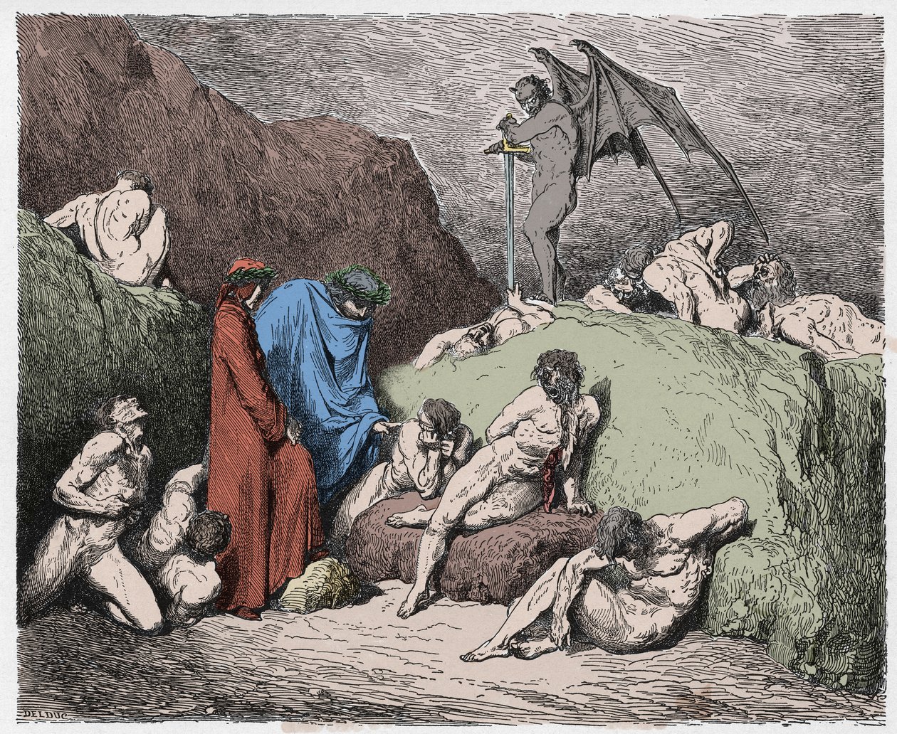 Inferno, Canto 28: Okaleczeni siewcy niezgody w dziewiątej bolgii, ilustracja z Boskiej komedii autorstwa Dante Alighieri, 1885 (cyfrowo kolorowane grawerowanie) autorstwa Gustave after Dore