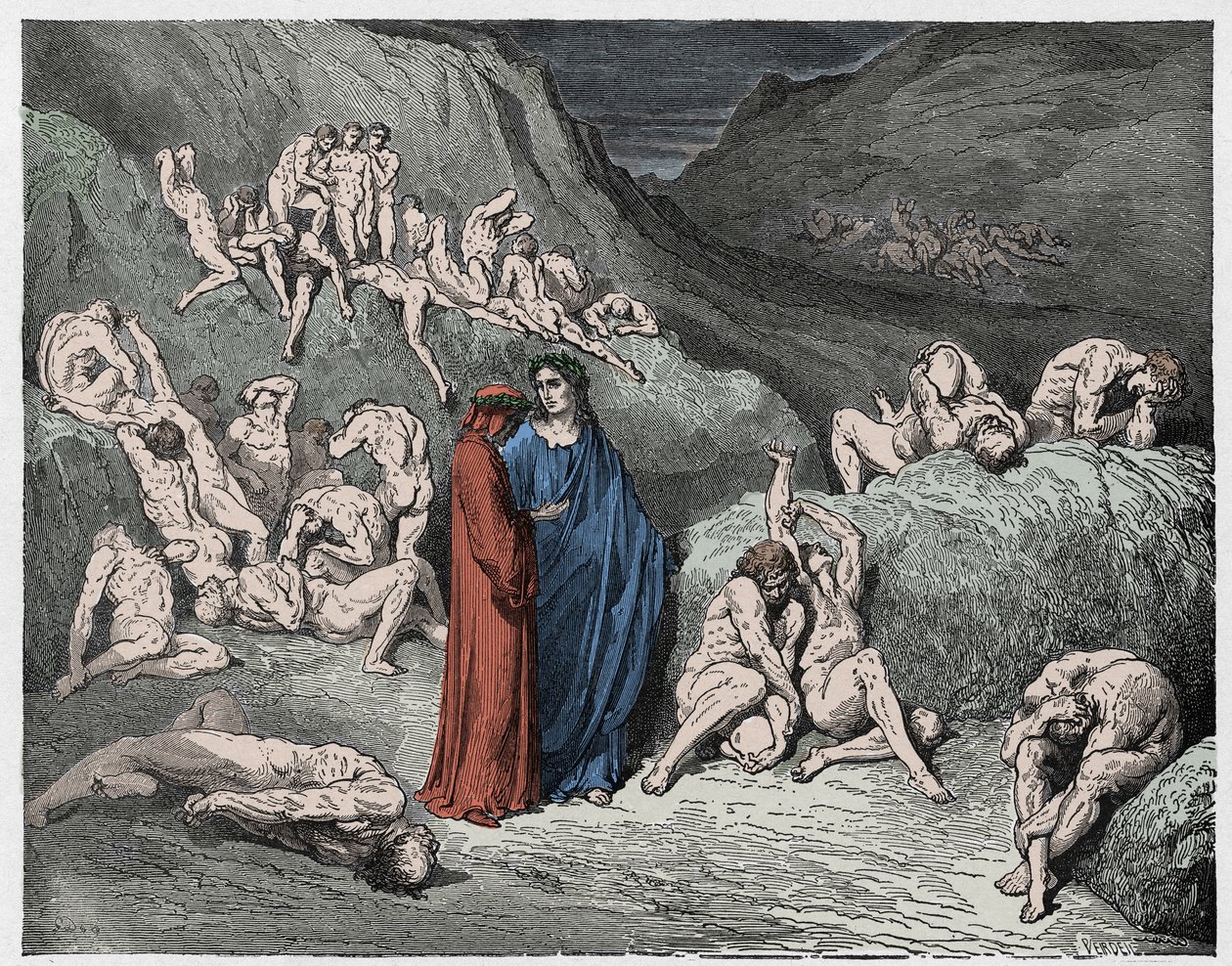 Inferno, Canto 29: Falsyfikatorzy i fałszerze dręczeni swędzeniem, ilustracja z Boskiej komedii autorstwa Dante Alighieri, 1885 (cyfrowo kolorowy grawerunek) autorstwa Gustave after Dore
