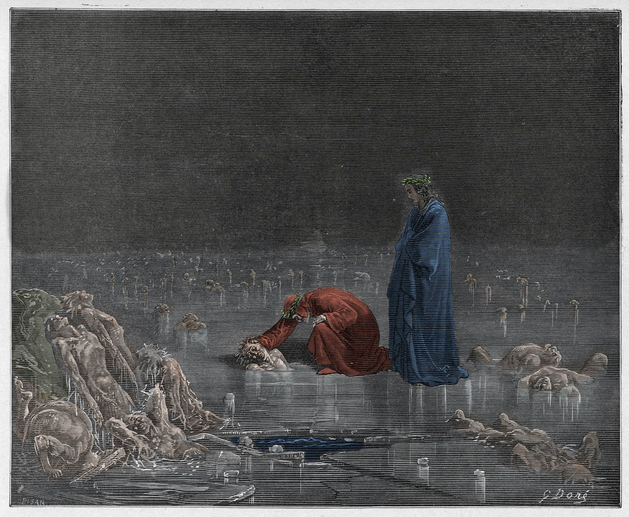Inferno, Canto 32: Dante zwraca się do zdrajcy Bocca degli Abati, ilustracja z Boskiej komedii autorstwa Dante Alighieri, 1885 (cyfrowo kolorowy grawerunek) autorstwa Gustave after Dore