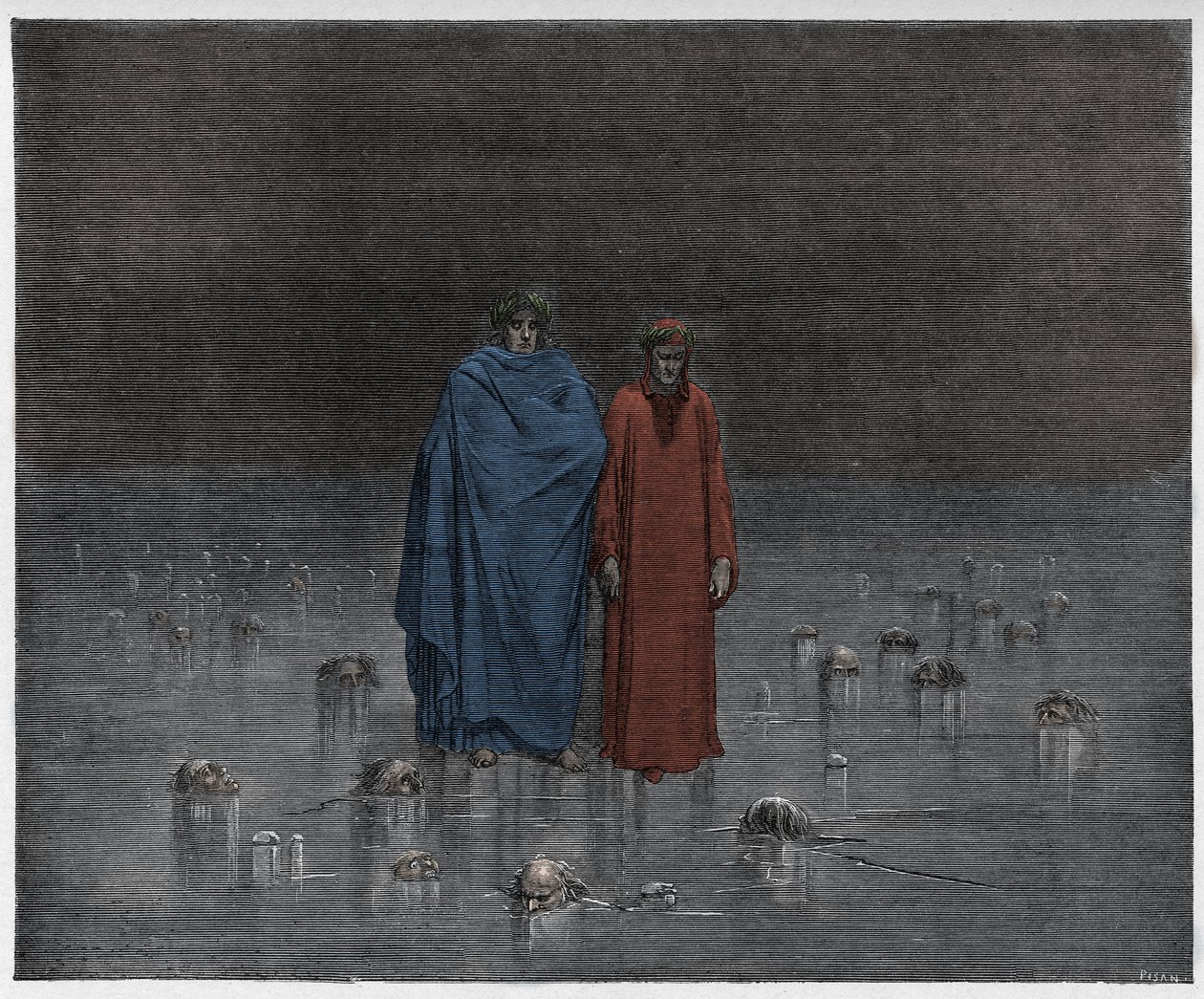 Inferno, Canto 32: Zdrajcy zamarznięci w lodzie Kocyta (Cocyte), ilustracja z Boskiej komedii Dantego Alighieri, 1885 autorstwa Gustave after Dore