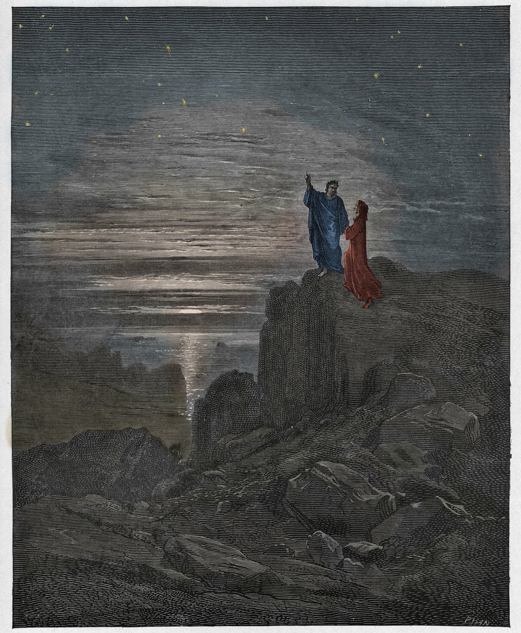Inferno, Canto 34: Poeci wyłaniają się z piekła, ilustracja z Boskiej komedii autorstwa Dante Alighieri, 1885 (cyfrowo kolorowy grawerunek) autorstwa Gustave after Dore