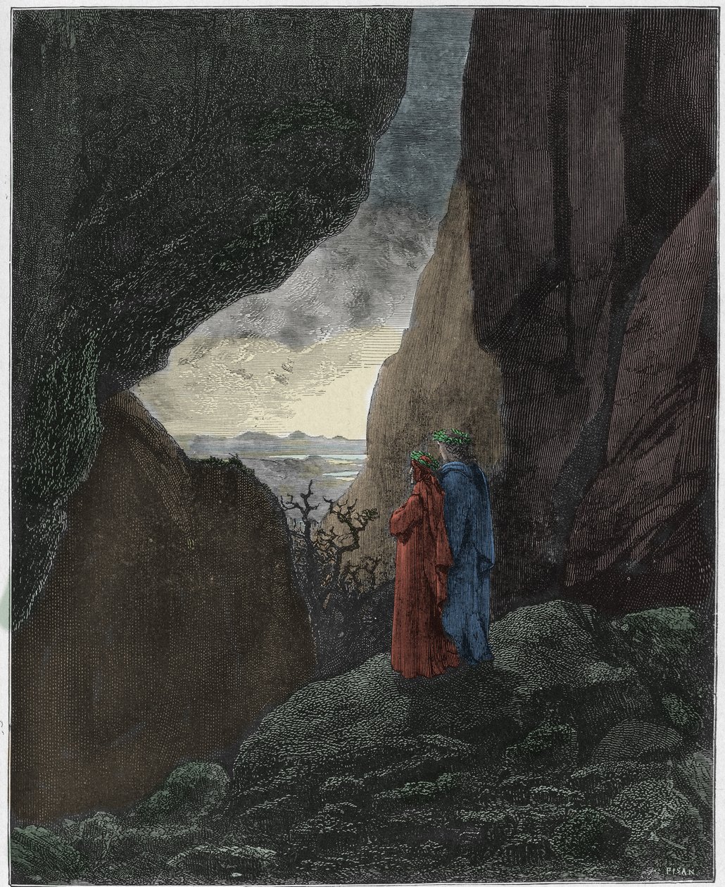 Inferno, Canto 34 : Wergiliusz i Dante wznoszą się do wyższego świata, ilustracja z Boskiej komedii Dantego Alighieri, 1885 (cyfrowo kolorowane grawerowanie) autorstwa Gustave after Dore