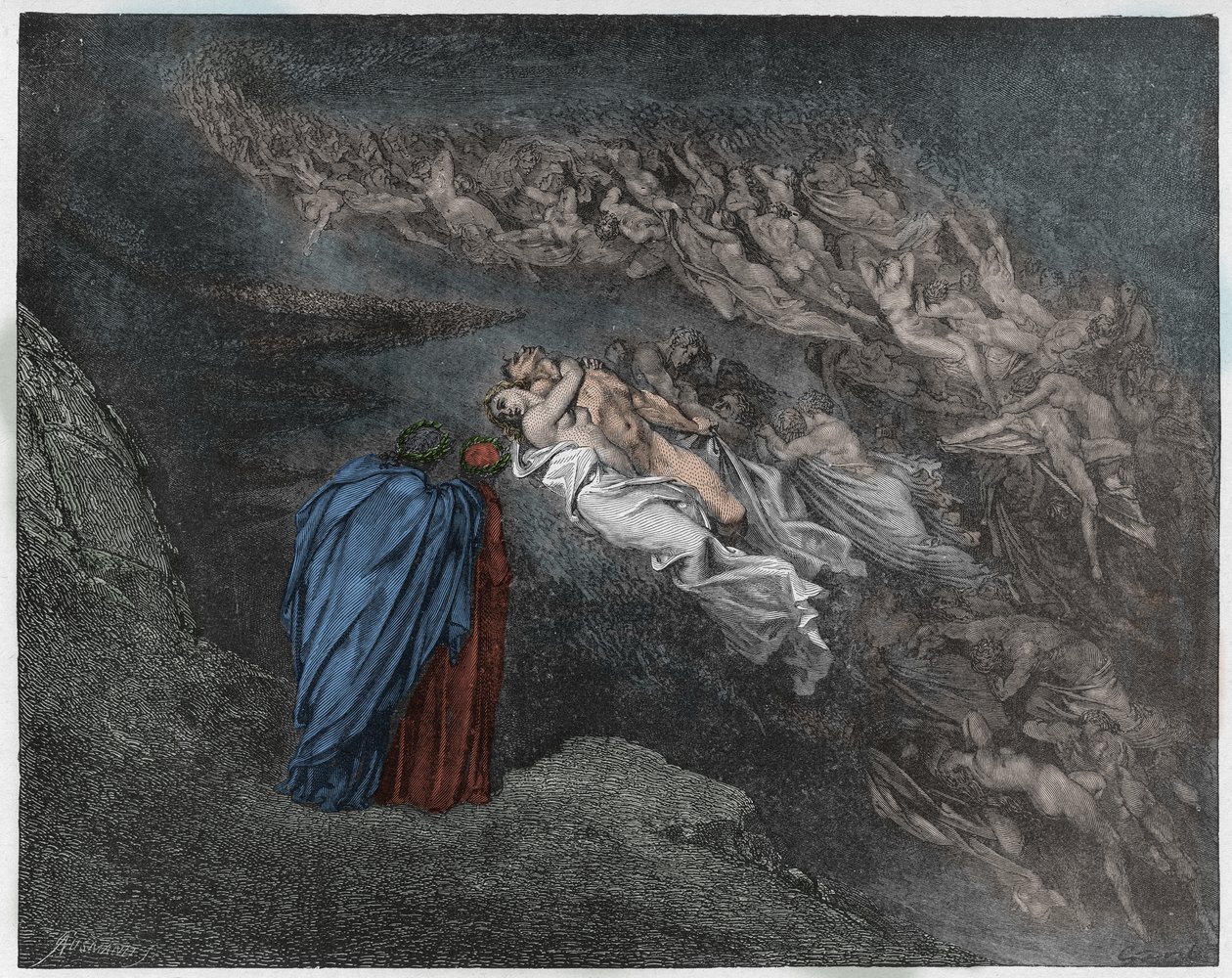 Piekło, Pieśń 5: Dusza Franceski Da Rimini przemawia do Dantego, ilustracja z Boskiej komedii Dantego Alighieri, 1885 (cyfrowo kolorowany grawerunek) autorstwa Gustave after Dore