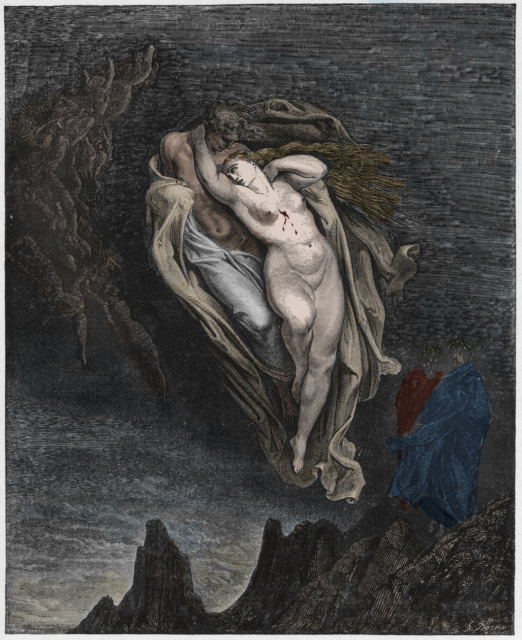 Piekło, Pieśń 5: Dusze Paola i Franceski, ilustracja z Boskiej komedii Dantego Alighieri, 1885 (cyfrowo kolorowane grawerowanie) autorstwa Gustave after Dore