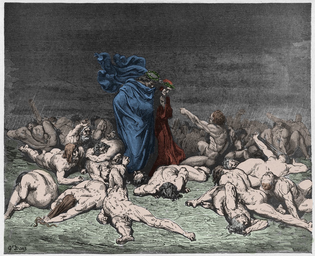 Piekło, Pieśń 6: żarłocy nękani wiecznym deszczem, ilustracja z Boskiej komedii Dantego Alighieri, 1885 (cyfrowo kolorowy grawerunek) autorstwa Gustave after Dore