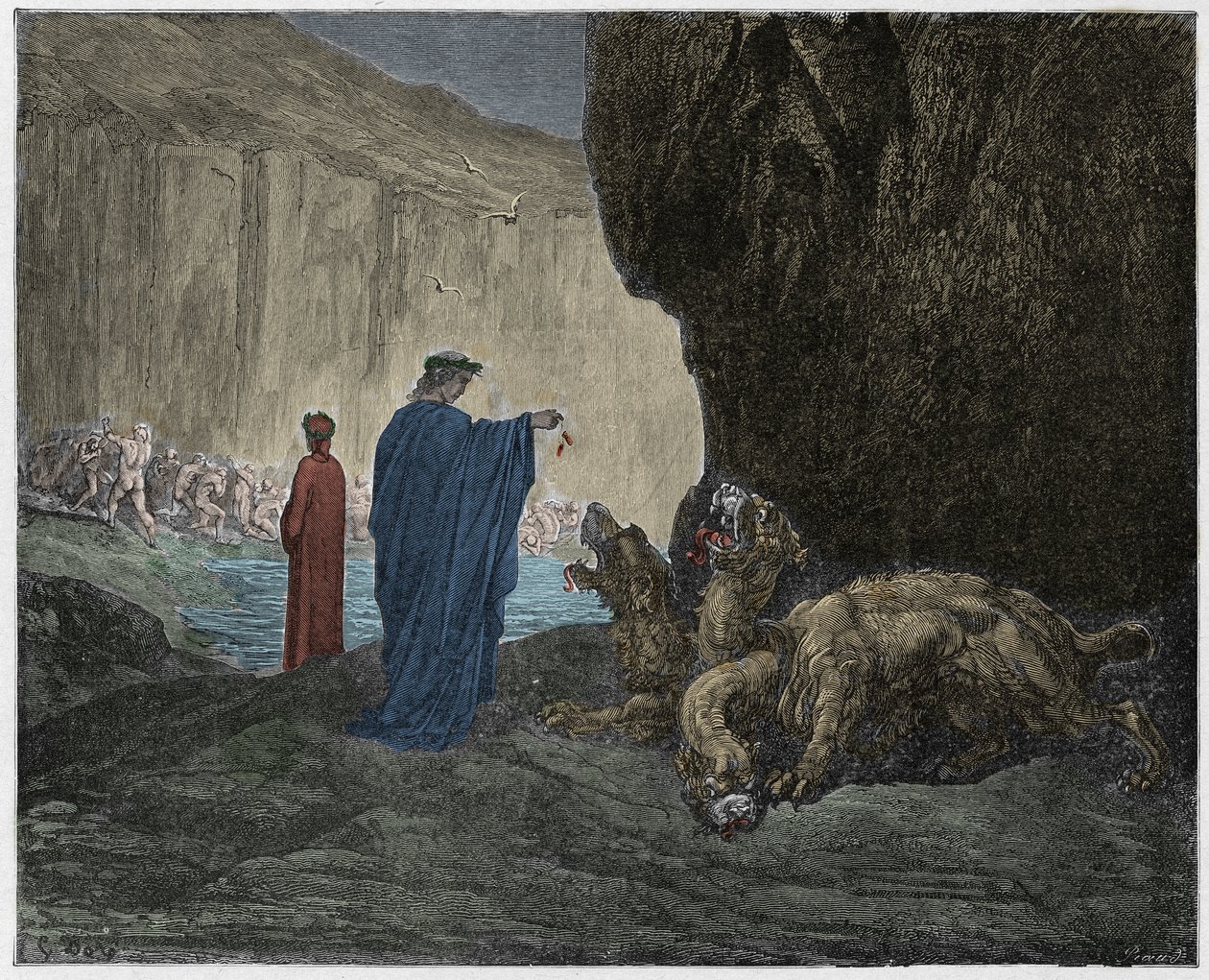 Piekło, Pieśń 6 : Wergiliusz karmi Cerbera (Cerbere) w trzecim kręgu, ilustracja z Boskiej komedii autorstwa Dante Alighieri, 1885 (cyfrowo kolorowy grawerunek) autorstwa Gustave after Dore