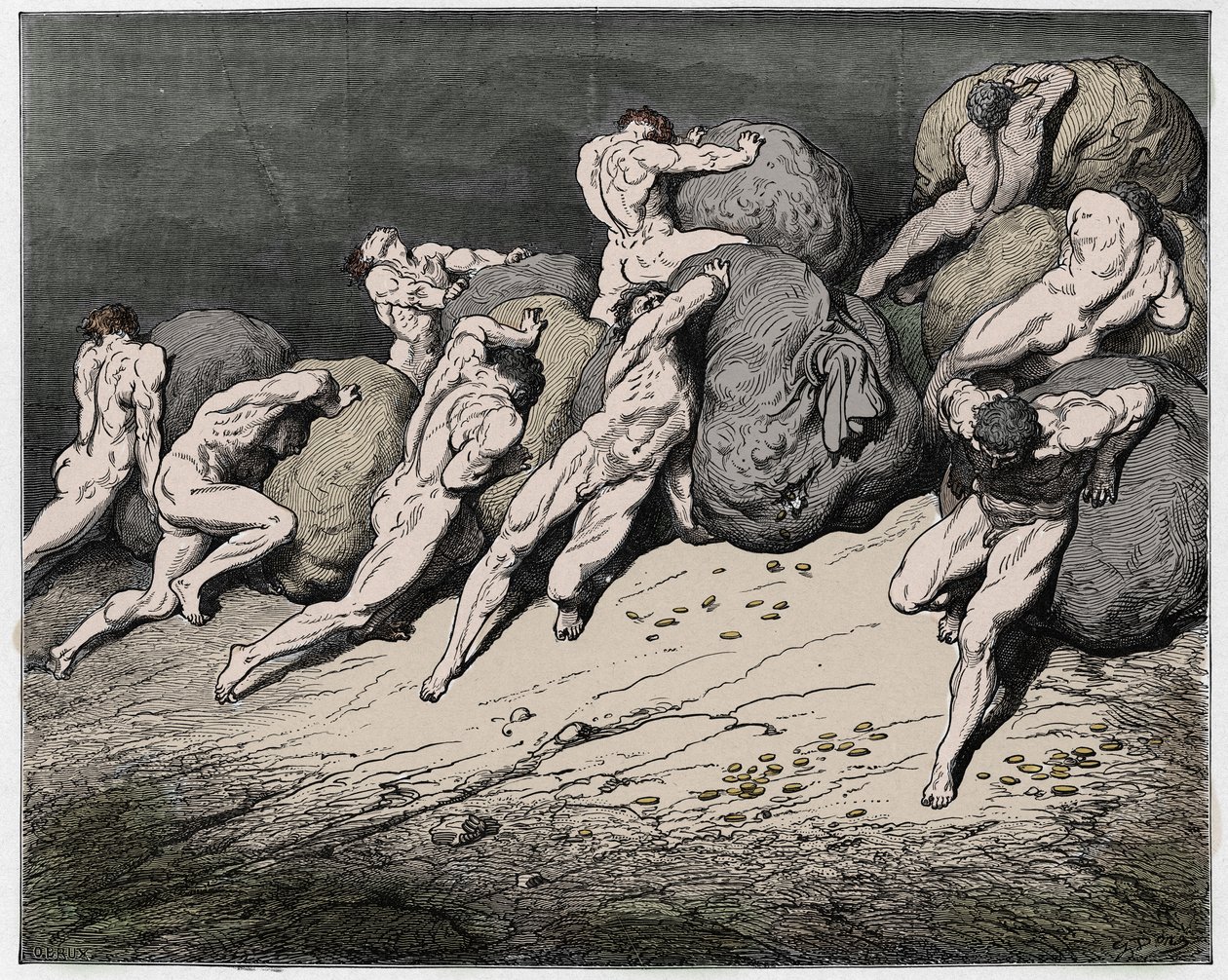 Piekło, Pieśń 7: Dusze chciwych i marnotrawnych zmuszone do toczenia ciężkich kamieni, ilustracja z Boskiej komedii Dantego Alighieri, 1885 (cyfrowo kolorowany rycina) autorstwa Gustave after Dore