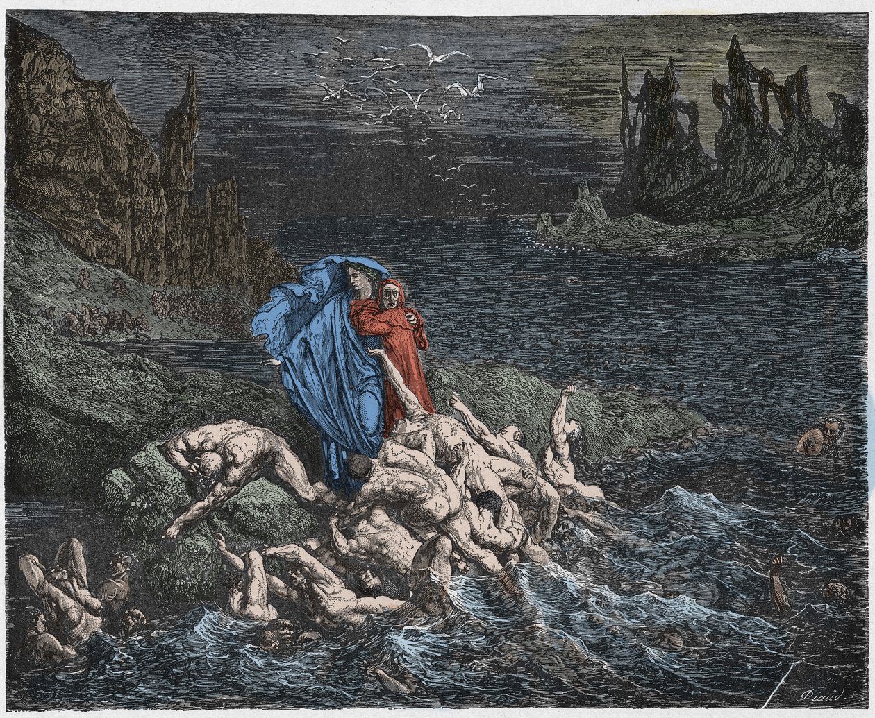 Piekło, Pieśń 7: Wergiliusz pokazuje Dantemu dusze gniewnych w Styksie, ilustracja z Boskiej komedii Dantego Alighieri, 1885 (cyfrowo kolorowy grawerunek) autorstwa Gustave after Dore