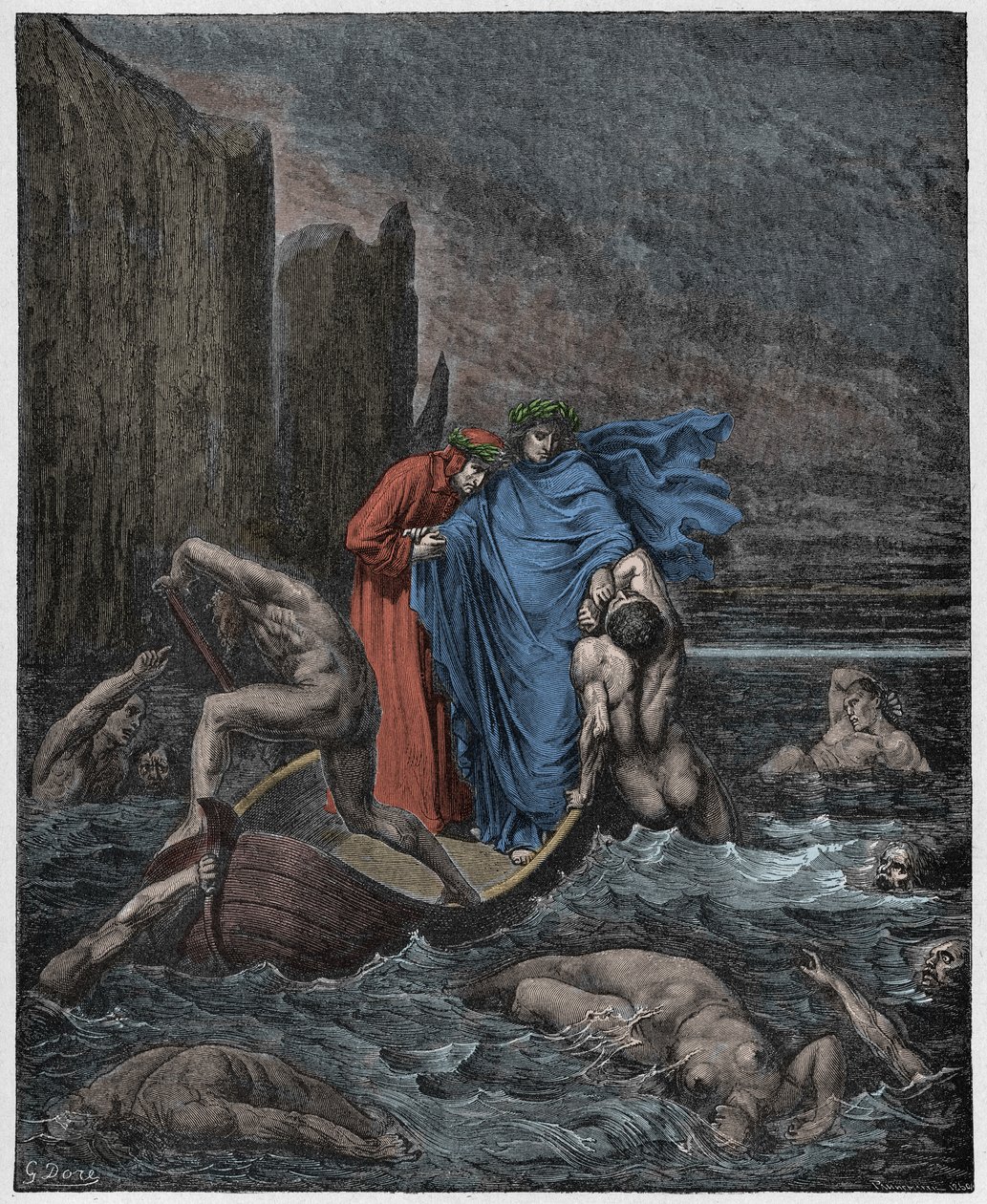 Piekło, Pieśń 8: Dusza florenckiego Philippo Argentiego (Filippo Argenti) zaczepia poetów na Styksie, ilustracja z Boskiej komedii Dantego Alighieri, 1885 autorstwa Gustave after Dore