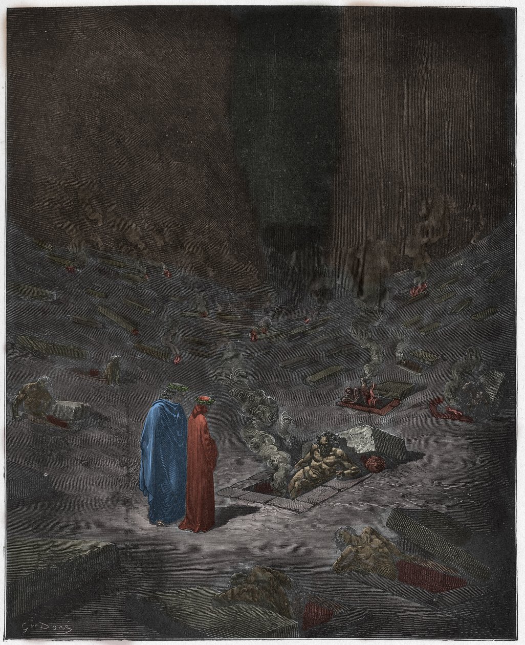 Inferno, Canto 9: Płonące grobowce herezjarchów, ilustracja z Boskiej komedii autorstwa Dante Alighieri, 1885 (cyfrowo kolorowane grawerowanie) autorstwa Gustave after Dore