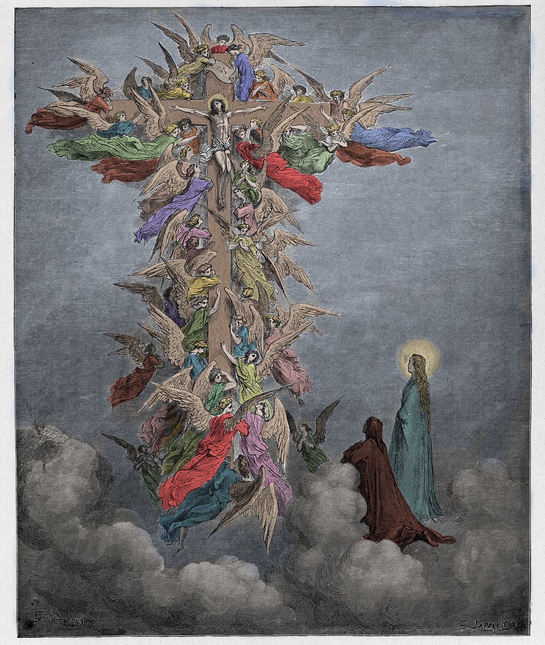 Paradiso, Canto 14: Dante i Beatrice widzą anioły z Chrystusem na krzyżu, ilustracja z Boskiej komedii autorstwa Dante Alighieri, 1885 (cyfrowo kolorowane grawerowanie) autorstwa Gustave after Dore