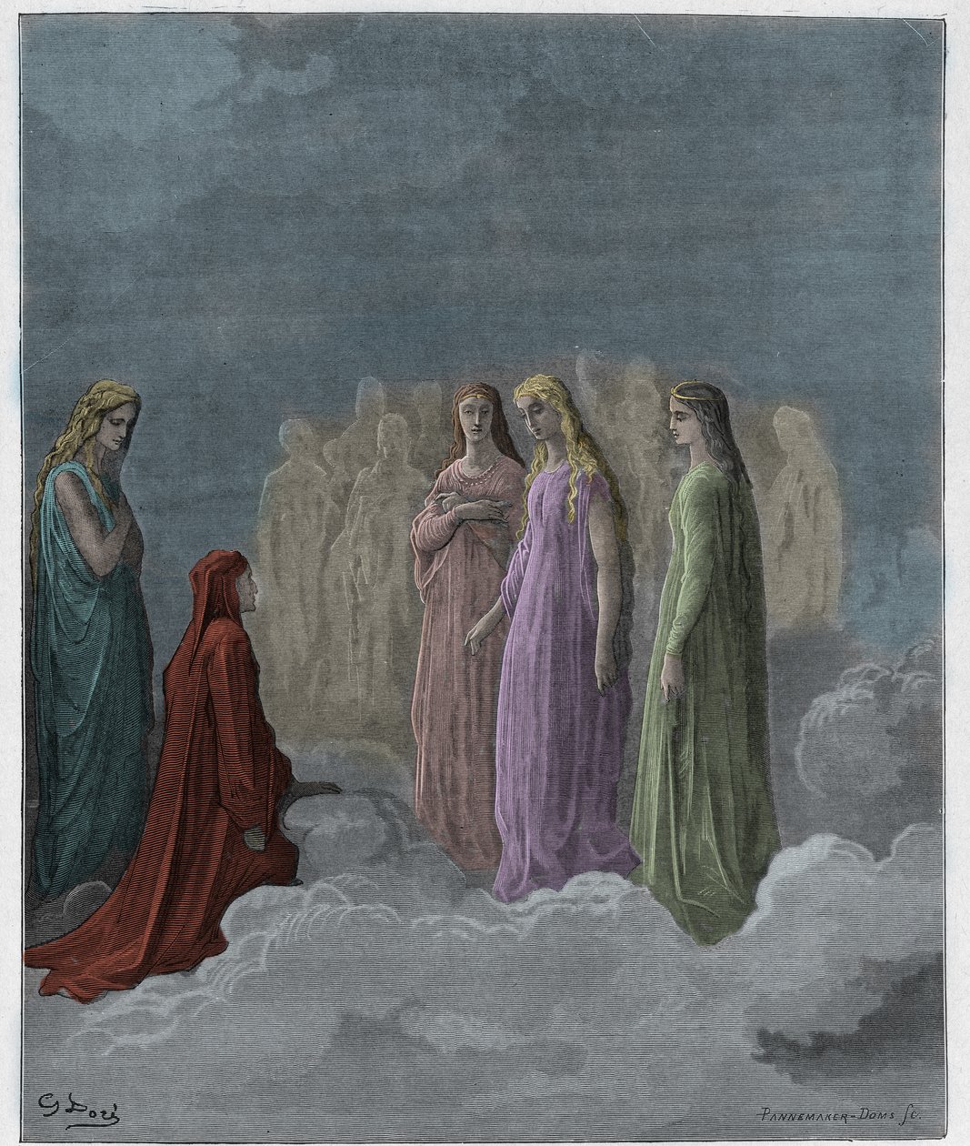 Paradiso, Canto 3: Pierwsza sfera: Piccarda Donati i dusze, których przysięgi zostały złamane, ilustracja z Boskiej komedii Dantego Alighieri, 1885 (cyfrowo kolorowane grawerowanie) autorstwa Gustave after Dore
