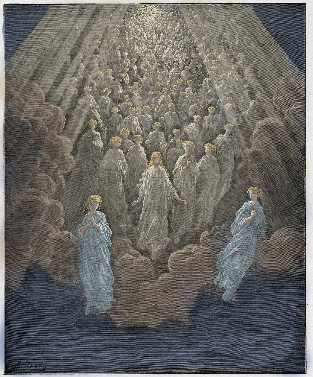 Paradiso, Canto 5: Zastęp niezliczonych świecących dusz w drugim królestwie, ilustracja z Boskiej komedii autorstwa Dante Alighieri, 1885 (cyfrowo kolorowy grawerunek) autorstwa Gustave after Dore
