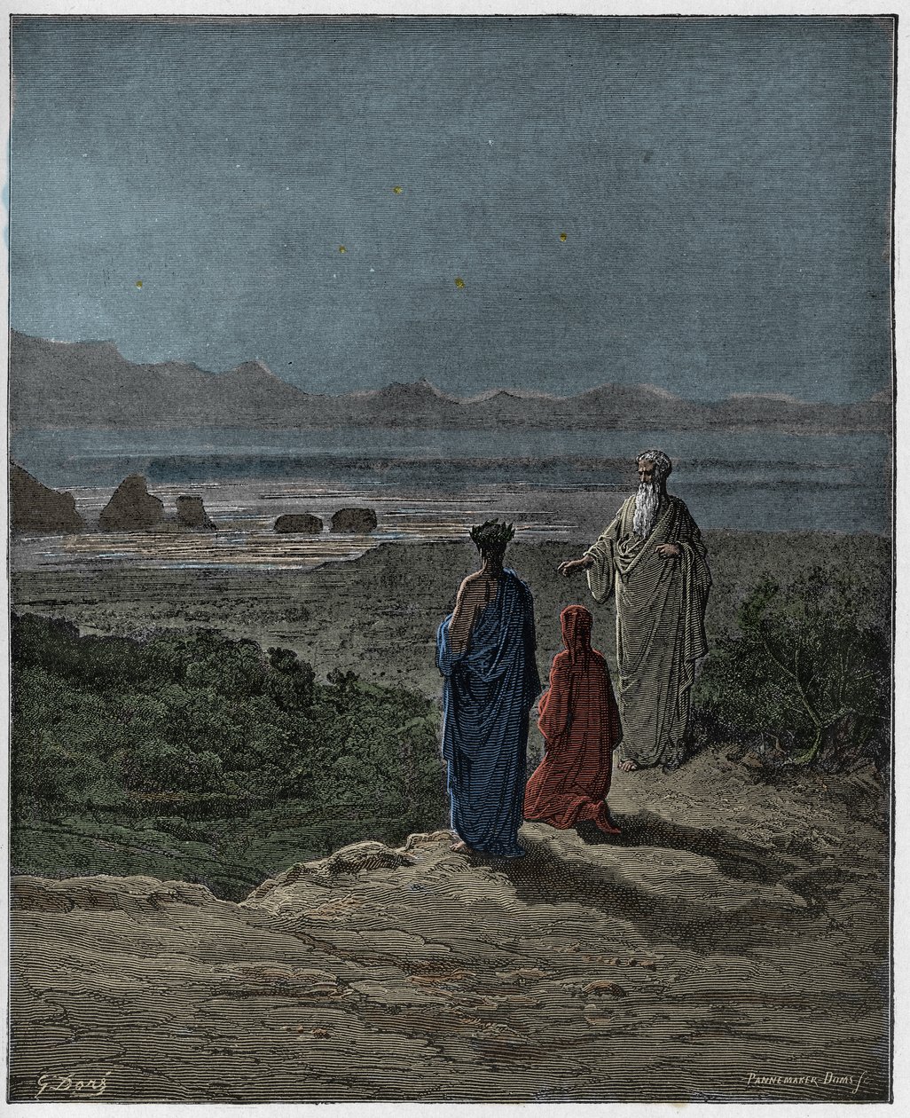 Purgatorio, Canto 1: Dante klęka przed Statiusem (Stace), ilustracja z Boskiej komedii Dantego Alighieri, 1885 (cyfrowo kolorowany grawerunek) autorstwa Gustave after Dore