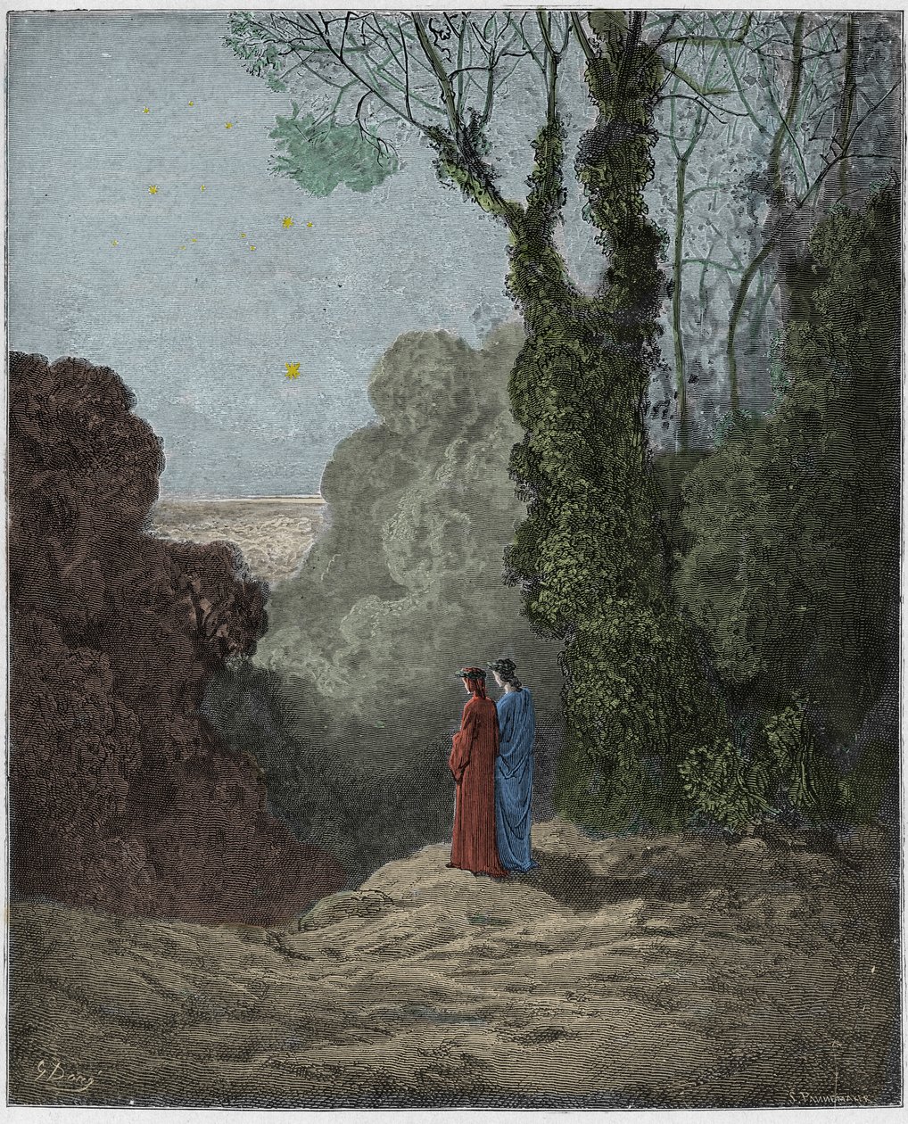 Purgatorio, Canto 1: Poeci podziwiają piękno Wenus na porannym niebie, ilustracja z Boskiej Komedii Dantego Alighieri, 1885 (grafika kolorowana cyfrowo) autorstwa Gustave after Dore
